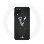 Coque pour Samsung Galaxy A12 Vikings S&eacute;rie Saison 6 logo V Ep&eacute;e Gris Fond Noir