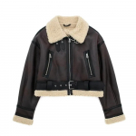 Nauja moteri&scaron;ka, stora, &scaron;ilta dirbtinė &scaron;lifavimo striukė, vintažinis ilgomis rankovėmis diržo apvadas, moteri&scaron;kas i&scaron;orinis drabužis