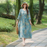 Medvilninė ir lininė suknelė, moteri&scaron;ka vasaros literatūrinė retro spauda nėriniai Laisvas plonas ilgas sijonas XXL