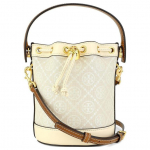 Tory Burch T Monogramas Visas ra&scaron;tas Rai&scaron;telis Žakardinis audinys Odinės apdailos Kibiro formos rankinė Mini Moteri&scaron;kos rankinės Dramblio kaulo 80534-254 Basic Set (Bag+Dust Bag)