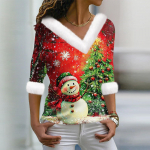 Madinga moteri&scaron;ka laisvalaikio vir&scaron;ūnė su V kakleliu ilgomis rankovėmis kalėdinė spausdinta pliu&scaron;inė apykakle XL