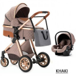 BAZARLAND30 Poussette 3 en 1 B&eacute;b&eacute; Combin&eacute;e Si&egrave;ge-Auto Nacelle Trio R&eacute;versible R&eacute;glable Haute Qualit&eacute; Roues increvables Canne khaki