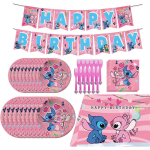 Rožinis Lilo ir Stitch gimtadienio &scaron;ventės reikmenų rinkinys, Rožinės temos &scaron;ventės dekoracijos ir dovanėlės, apima &bdquo;Happy Birthday&ldquo; vėliavėlę, staltiesę