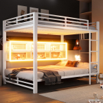 140x200 Dviauk&scaron;tė lova su sandėliavimo spintelėmis ir LED ap&scaron;vietimu, balta 204 x 146 x 160 cm balta