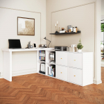 Kampinis stalas, 360&deg; besisukantis stalvir&scaron;is - Gali būti montuojamas L formos arba tiesus, MDF, 4 cm storio sustiprintas stalvir&scaron;is ir kojos, 4 skyreliai, 4 stalčiai, Baltas, Ra&scaron;omasis stalas balta