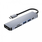 6 viename daugiafunkcis C tipo stebulės aliuminio lydinio C tipo keitiklis su HD USB2.0 USB3.0 PD prievadais TF pilka