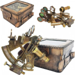 Žalvarinis navigacijos instrumentas Sextant Navigation Marine Sextant odinėje dovanų dėžutėje