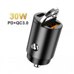 USB C automobilinis įkroviklis, 30 W PD / 30 W QC itin greitas įkrovimas, mažiausio automatinio lizdo žiebtuvėlio USB įkroviklis, suderinamas su iPhone, Samsung ir kt. 4.37x2.18cm juoda