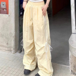 Negabaritinės dryžuotos &bdquo;Cargo Y2k&ldquo; kelnės, moteri&scaron;kos Harajuku, laisvalaikio mielas lankas, vasarinės plačios kelnės, plonos kelnės Amerikos stiliaus gatvė XL geltona