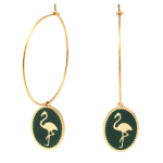 Les Tr&eacute;sors De Lily [Q2473] - Cr&eacute;oles cr&eacute;ateur acier 'Flamant Rose' vert fonc&eacute; dor&eacute; - 33 mm- 18x14 mm žalia
