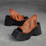 &bdquo;Johnature&ldquo; moteri&scaron;kos platforminės &scaron;lepetės Natūralios odos storas padas, plei&scaron;tai, &scaron;lepetės Retro madingi batai &bdquo;Peep Toe&ldquo; 35 raudonai ruda
