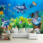 Nuotraukų freska 3D povandeninis pasaulis Sienų freska Delfinai Žuvys Koralai Vaikų kambarys Svetainės televizorius Fono siena Namų apdaila 200 cm(W) x 140 cm(H)