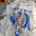 Kawaii Y2K mieli anime mar&scaron;kinėliai laisvi mergaičių mados ra&scaron;tai O formos i&scaron;kirpte trumpomis rankovėmis oversized mar&scaron;kinėlių megztinis M balta