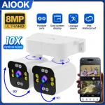 AIOOK lauko vandeniui atsparus dvigubas PTZ WIFI HD dvigubas objektyvas 8MP 4K dvigubas objektyvas naktinio matymo apsaugos kamera 10x priartinimo siena be aklosios zonos kameros dvipusis domofonas camera+128GB balta