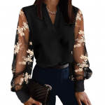 Spalvoti ra&scaron;tinės spalvos biuro mar&scaron;kinėliai su V formos i&scaron;kirpte nėriniais sujungiami permatomos pūstos rankovės palaidinė Laisvo kirpimo eleganti&scaron;ki megztiniai L