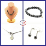 Pierres et Min&eacute;raux. Parure Bracelet Collier Boucles D'oreilles Puces 15 perles H&eacute;matite 8 Taille personnalisable.