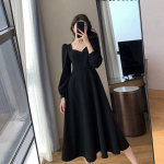 Vintažinė juoda suknelė moteri&scaron;ka retro stiliaus eleganti&scaron;ka įvyniojama midi suknelės korėjieti&scaron;kos Harajuku ilgomis rankovėmis solidūs drabužiai pavasario mada XXL juoda