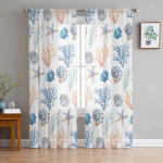 Jūriniai koralai vasarą, žvaigždės, langų tiulio užuolaidos svetainei, miegamajam, vie&scaron;bučiui, prabangi dekoracija, permatomos užuolaidos 135W x 114H(cm)