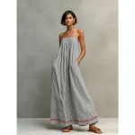 Moteri&scaron;ka dryžuota ilga suknelė su plonom petne&scaron;ėlėmis, laisva, kasdienė, be rankovių, su ki&scaron;enėmis S dangaus mėlyna spalva