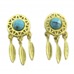 7bis [P8218] - Boucles artisanales 'Boho' (dreamcatcher) turquoise dor&eacute; - 18x9 mm