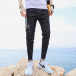 Suasmenintos &bdquo;Pocket Trend&ldquo; vyri&scaron;kos &bdquo;Crop&ldquo; kelnės Auk&scaron;čiausios klasės džinsai Vyri&scaron;ki juostiniai nėriniai vidurio juosmens, mažų kojų džinsai