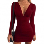 Moteri&scaron;ka rudens pavasario suknelė, klostuota žemo kirpimo V kaklo apvaliu apvalkalu, vienspalvė, ilgomis rankovėmis, elastinga klubinė vakarėlio mini suknelė M juoda