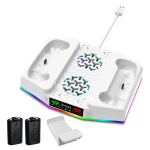 Au&scaron;inimo stovas ir įkrovimo stotelė Xbox Series S konsolei su RGB ap&scaron;vietimu, greito įkrovimo priedai su 2*1400mAh įkraunamomis baterijomis, ausinių laikiklis 19.6*15.4*4cm balta