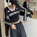 Vintažiniai Y2k mar&scaron;kinėliai ilgomis rankovėmis Moteri&scaron;ki Stripe Kpop Crop Top Korėjos mados Streetwear Ploni esteti&scaron;ki juodi mar&scaron;kinėliai Ruduo S juoda