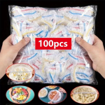 100 vnt. Elastiniai maisto dangteliai, Vienkartiniai plastikiniai dubenėlių dangteliai vaisių ir daržovių laikymui, &Scaron;viežumą sandarinanti plėvelė