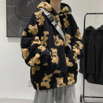Harajuku Me&scaron;kiukas Teddy Print Pliu&scaron;inis striukė Moteri&scaron;ka Žieminė Moteri&scaron;ka Korėjieti&scaron;ka Pūkuotas paltas su gobtuvu Storas &Scaron;iltas Poros Gatvės drabužiai Vir&scaron;utiniai drabužiai M juoda