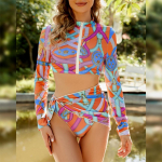 Moteri&scaron;kas spausdintas bikinis, atskiras, ilgomis rankovėmis, su užtrauktuku, maudymosi kostiumėlis, trijų dalių kostiumas S brown