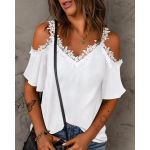 Eleganti&scaron;ki V formos i&scaron;kirptės Seksualūs Nėriniai Moteri&scaron;ki Mar&scaron;kinėliai Vasariniai Balti Trumpomis Rankovėmis T-shirt Off Shoulder Mar&scaron;kinėliai 2023 Mados Vienspalviai Moteri&scaron;ki Vir&scaron;utiniai Drabužiai 26353 L