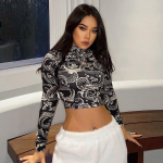 Fashion Trend Moteri&scaron;ki stilingi drakonu marginti apkarpyti vir&scaron;utiniai drabužiai ilgomis rankovėmis auk&scaron;ta apykakle, ploni mar&scaron;kinėliai, ploni mar&scaron;kinėliai pavasario rudeniui S juoda