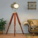 Wood Brass Antique 152 cm  Height Tripod Floor Lamp Standing with Moveable Spotlight