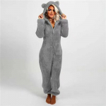 Moteri&scaron;kas žieminis &scaron;iltas mink&scaron;tas pūkuotas vilnonis paprasto gobtuvo kombinezonas &bdquo;viskas viename&ldquo; 3XL pilka