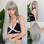 Sidabriniai peleniniai pilki ilgi tiesūs sintetiniai perukai Lolita Cosplay natūralūs plaukai su kirpčiukais moterims vakarėliui, kasdieniai kar&scaron;čiui atsparūs