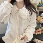 Kawaii nėriniuoti mar&scaron;kinėliai balti Peter Pan apykaklės palaidinės su sodriomis rankovėmis, rudens korėjiečių Lolita Preppy stiliaus mygtukais, mielos vir&scaron;utinės dalies S balta