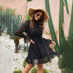 Moterų pavasario vasara ilgomis rankovėmis, sodrios spalvos, stovinčiomis apykakle, laisvalaikio formos A linijos kelių ilgio suknelė auk&scaron;tu juosmeniu S juoda