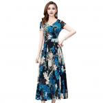 Vasarinė moteri&scaron;ka suknelė su gėlėmis spausdinta A linijos didelio apvado auk&scaron;tu juosmeniu trumpomis rankovėmis apvaliu kaklu, klostuota iki blauzdos vidurio, i&scaron;kilminga vakarėliui skirta vidutinio dydžio suknelė 2XL ruda