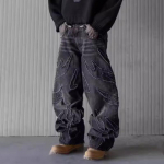 Laisvi amerikieti&scaron;ko stiliaus krep&scaron;iai vyri&scaron;ki džinsai Y2k Hip Hop Distressed Retro juodos kelnės Oversized Siuvinėjimas Harajuku gotikinės plačios kelnės Gatvės apranga XS juoda