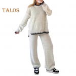 2 vnt./komplektas Žieminių megztinių kelnių rinkinys O kaklelis Laisvas mezginys Storas ilgomis rankovėmis Megztinis plačios kojos &scaron;iltos kelnės Kasdieninė apranga Mokyklinė namų apranga Sportiniai drabužiai S juoda