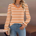 Women's Daily Casual Long-sleeved Striped Printed v-neck Top S rožinė