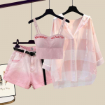Summer Women's Tie-dyed Shorts Sunscreen Plaid Shirt Pink Bra Three-piece Elegant Women's Pants Set Outfits Tracksuit M rožinė