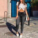 Moteri&scaron;kos mados Skinny Slim Fit Cargo džinsai Laisvalaikio auk&scaron;to juosmens džinsinės ilgos kelnės L juoda