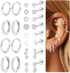 Bobisty 12 porų plok&scaron;čios nugarėlės auskarai moterims 316L chirurginio plieno smeigės auskarai-lankeliai auskarų rinkinys kremzlės, helix pirsingas papuo&scaron;alai Earrings&Ears