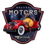 Les Tr&eacute;sors De Lily [A2563] - Plaque m&eacute;tal r&eacute;tro 'Deluxe Motors' rouge bleu vintage - 43x43 cm (Pin up 1930)