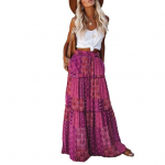 Moteri&scaron;kas maksi sijonas, elastingas rai&scaron;telis auk&scaron;tu juosmeniu, laisvas didelis apvadas, A-linija, klostuotas vintage Boho etninio ra&scaron;to atostogų sijonas L violetinė