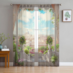 Europieti&scaron;ko stiliaus pastato balkono peizažas tiulio langų užuolaidos svetainei organzos permatoma voile užuolaida miegamajam virtuvei namų dekoras W135 x H115cm x1