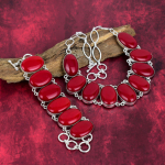 Raudonojo koralo 925 prabaugio sterlingų sidabro papuo&scaron;alai, rankų darbo apyrankės ir karoliai papuo&scaron;alų rinkinys moterims, gražūs raudonojo koralų brangakmenių papuo&scaron;alai jai Adjustable With 8"-18" raudona