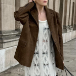 Vintažinės zom&scaron;inės striukės, moteri&scaron;kos laisvalaikio laisvos V kaklo paltai su viena krūtine, moteri&scaron;ki 2024 m. rudens žiemos mados solidūs apatiniai moteri&scaron;ki drabužiai S ruda